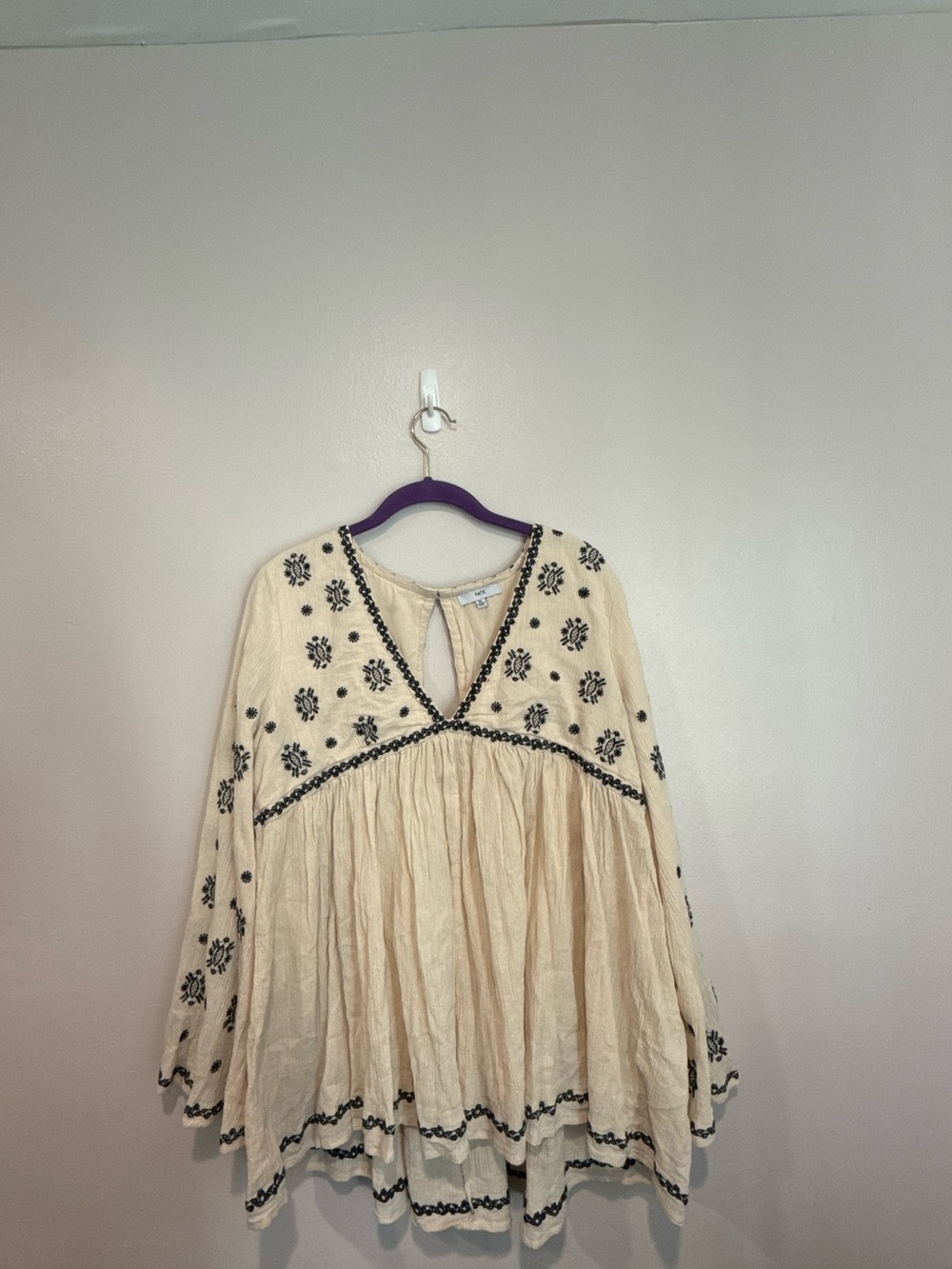 Fate Cream Tunic Top with Black Floral Embroidery